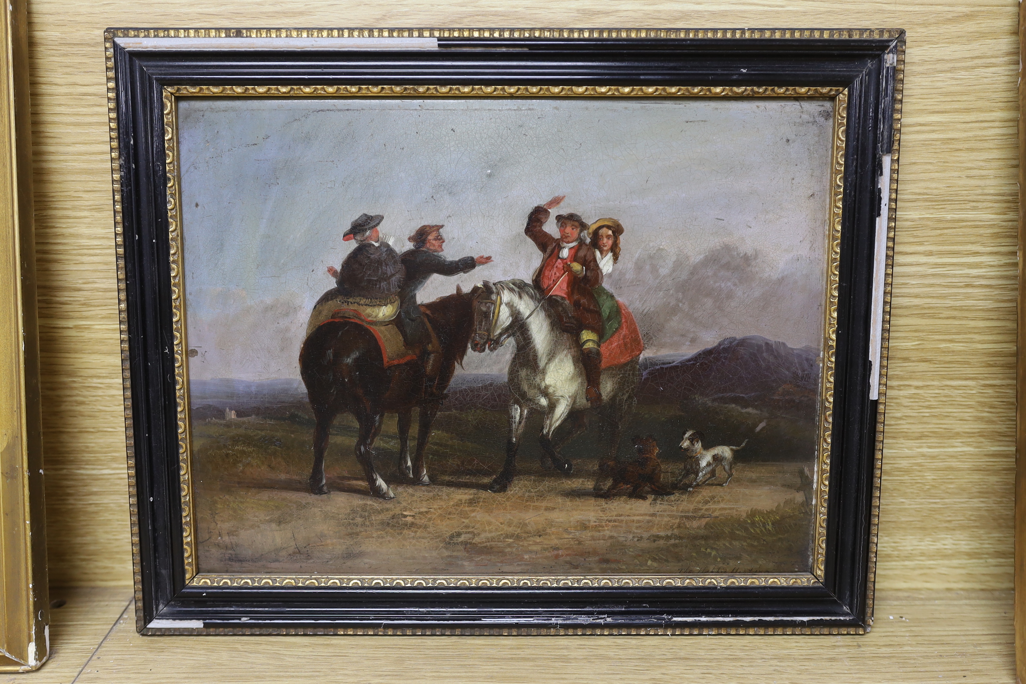 18th century style, oil on board, Figures on horseback before a landscape, indistinctly inscribed lower right, 22 x 29cm